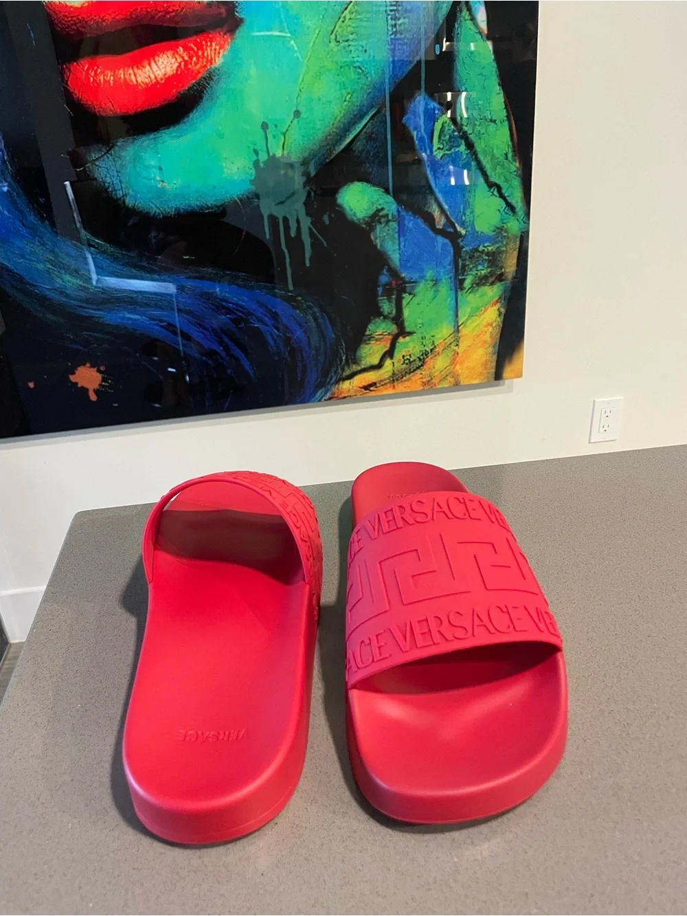 Versace Bright Red Embossed Logo Slide Sandals 42 IT 9 US
